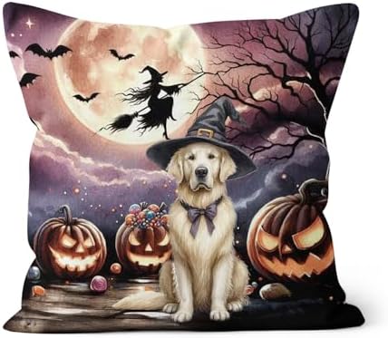 Spooky Halloween Night Witch Golden Retriever Glowing Pumpkins Pi...