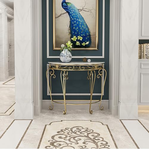 Mesa consola de metal para pasillo estrecho con mármol sintético moderno de 90x45x80 cm 3