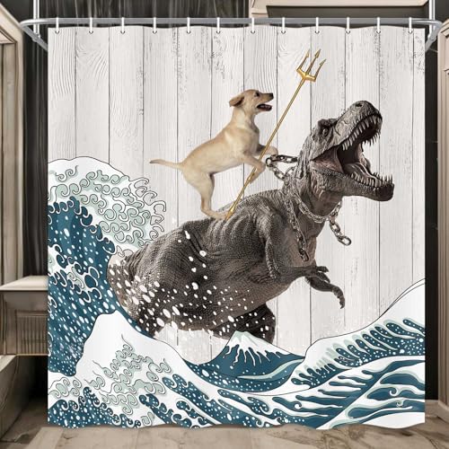 Image of Boziqr Funny Dog Shower Curtain, Japanese Ocean Wave Dinosaur Rustic Barn Door Decor Fabric Bathroom Curtains Set, Cute Animal Kids Polyester Fabric Waterproof, 70 X 84 Inches