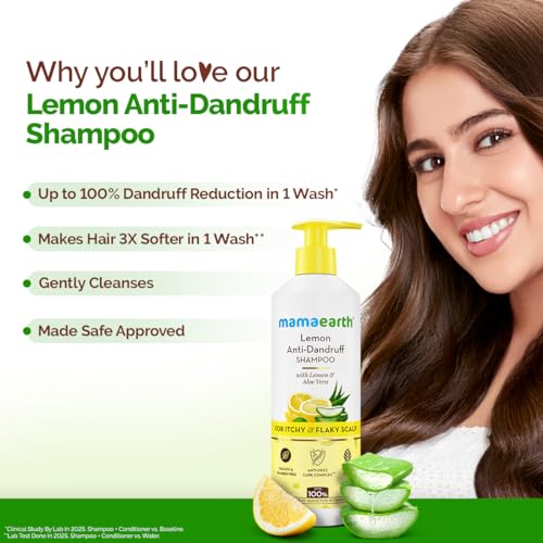 Image of Mamaearth Lemon Anti-Dandruff Shampoo with Lemon, ZPTO, Climbazole, Aloe Vera for Itchy & Flaky Scalp | Upto 100% Dandruff Reduction & 3X Softer Hair in 1 Wash | Soothes Scalp | Reduces Frizz | 400 ml