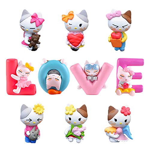 10 Pcs Love Cat Characters Toy Figure, Angle Cat Cake Toppers Fairy Garden Miniature Figurines Collection Playset for Christmas Birthday Gift Desk Decorations