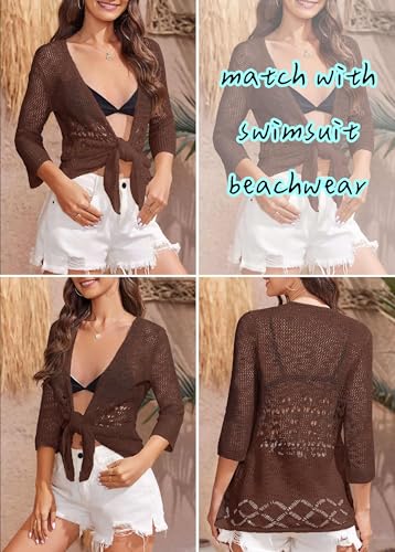 Image of Nulibenna Womens Sheer Shrug Sweaters 3 /4 Sleeve Open Front Tie Cardigan Bolero Jacket Lightweight Crochet Knit Cover Up Tops