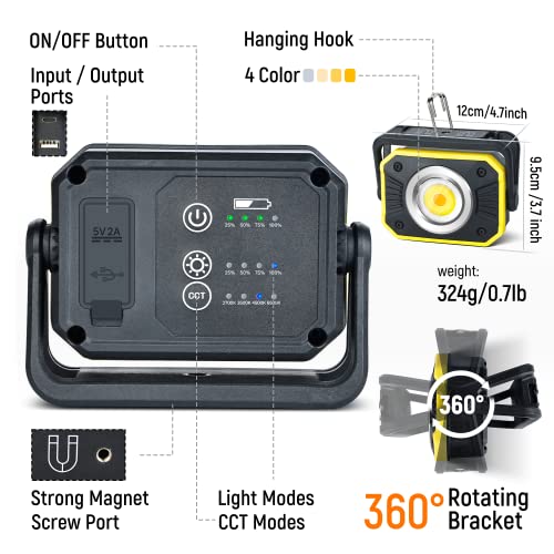 Led Work Light, 2000Lm Portable Cob Rechargeable Work Lights, Magnetic Light, 4 Color Temperature&360° Rotation Mechanic Worklight With Magnetic Base, Hook For Repairing Camping Hiking Emergency #TOP2
