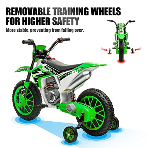 JOYLDIAS Kids Motorcycle Dirt Bike, 12V7AH Battery-Powered Ride On Motorcycle for Kids, Off-Road Street Bike w/Training Wheels, Spring Suspension, High/Low Speeds, Green - Thumbnail 4