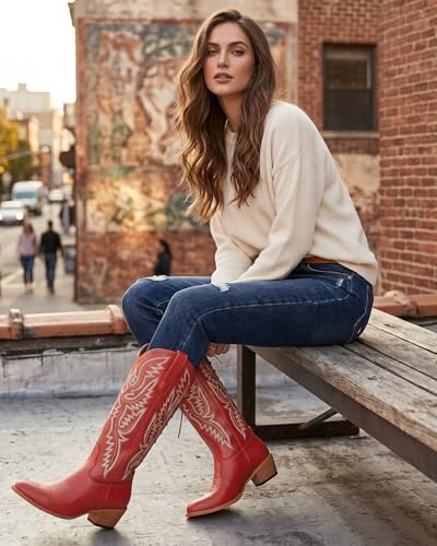 Image of Uillnoodu Wide Calf Cowboy Boots Women Adjustable Lace Up Knee High Tall Plus Size Cowgirl Boots Western Style Comfortable 2-Inch Heel