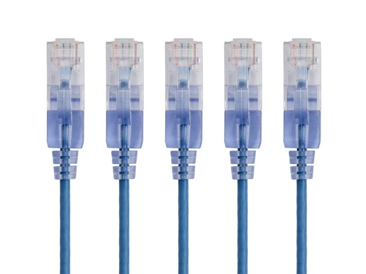 Monoprice - 129425 SlimRun Cat6A Ethernet Patch Cable - Snagless RJ45 UTP Pure Bare Copper Wire 10G 30AWG 2ft Blue 5-Pack