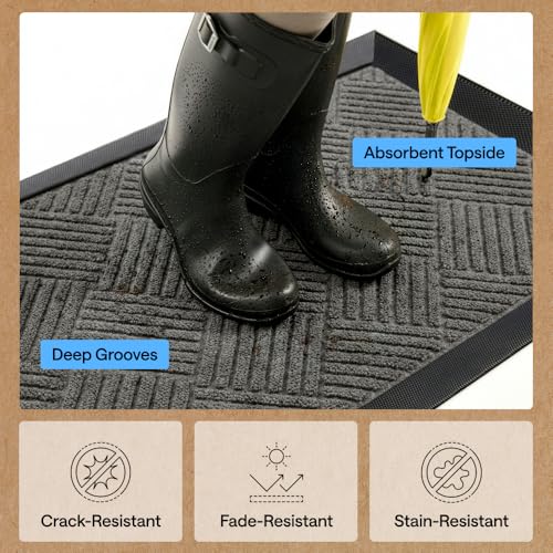 GORILLA GRIP WeatherMAX Door Mat, Indoor Outdoor Use, 29x17 Gray Diamond | 100% Waterproof Outdoor Doormat, US Designed, Stain and Fade Resistant, Low