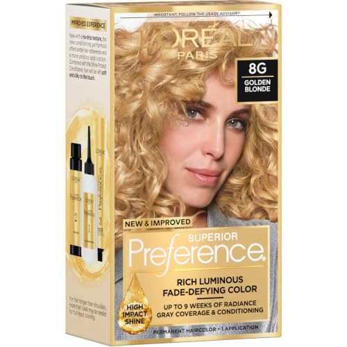 L'Oreal Paris Superior Preference Luminous Fade-Defying Permanent Hair Color, Hair Dye For Up to 9 Weeks of Radiance, Golden Blonde 8G, 1 Hair Dye Kit