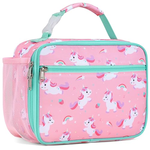 Bagseri Isolierte Lunchtasche Kinder - Groß Kühltasche Kinder für Brotdose mit Flaschenhalter, auslaufsicher Lunchbox wasserdichte Kühltasche Klein für Picknick Schulen, Rosa Einhorn