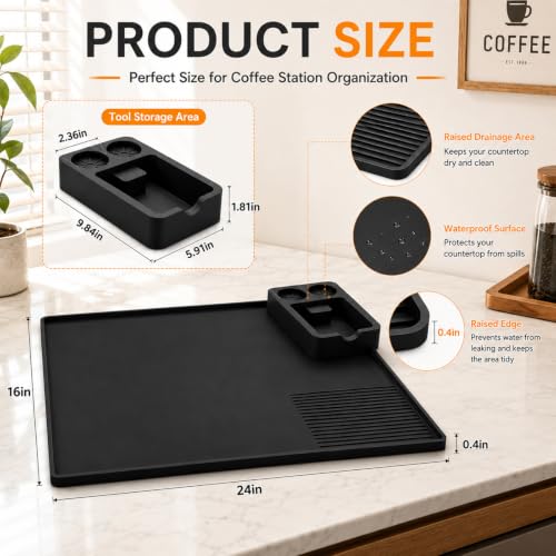 Image of Silicone Coffee Mat and Espresso Tamping Mat, Detachable Espresso Mat Accessories, Coffee Bar Mat Suitable for Use Under coffee Maker, Dish Drying Mat for Kitchen Countertop Protector, Black
