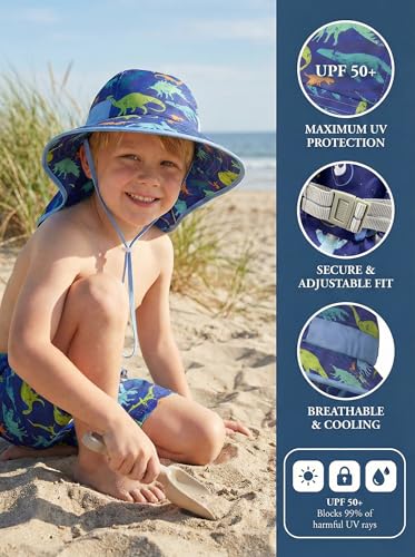 Image of icolor Kids Sun Hat UPF50+ Sun Protection Bucket Hat Toddler Summer Beach Play Hats with Neck Flap for Girl Boy Ages 3~10
