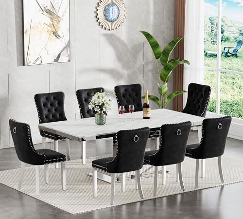 Image of 9-Piece Extendable Dining Table Set for 8, Modern 63 inch-94 inch White Faux Marble Expandable Kitchen Table Set with 8 Velvet Chairs, Large Extendable Dining Room Tables with Mirrored U-Shape Base