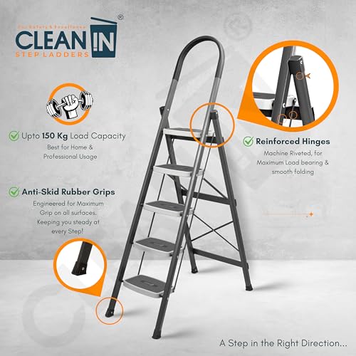 Image of CLEAN IN 5 Step Premium Foldable Household Steel Ladder ~ for Home, Garage, Kitchen. Wide & Anti-Skid Steps, 150 kg Load Capacity, Reinforced Hinges ~ (Shades of Grey)