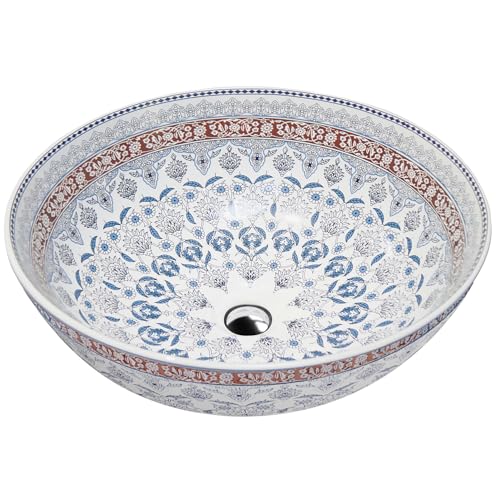 LAVITA Aufsatzwaschtisch Folklor Aufsatzwaschbecken Rund Waschbecken Ohne Überlauf und Hahnloch Aus hochwertigem Porzellan Waschtisch modernes Badkeramik Waschplatz 40x40x13,5 Weiß/Blau