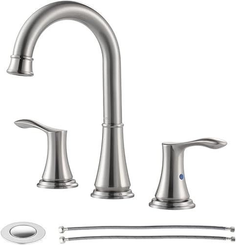 PARLOS Grifo de baño de doble manija amplia con drenaje desplegable de metal y líneas de suministro de grifo cUPC, oro cepillado, 1.2 GPM