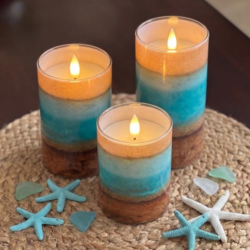 Image of Tujoe 3 Pcs Summer Ocean Flameless Candles Teal Beach LED Battery Pillar Candles Set Battery Operated Coastal Nautical Decorations Flickering Gifts with Remote Decorations for Holiday