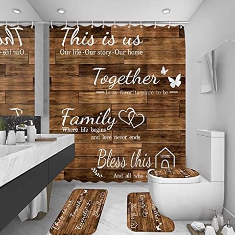 juwute 4Pcs Family Shower Curtain Sets with Non-Slip Rugs, Toilet Lid Cover and Bath Mat, Brown Home Bathroom Decor Set Accessories Waterproof Shower Curtains with 12 Hooks, 72 x 72 Inch Cover