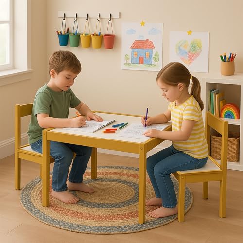 Image of PJ Wood - 3 Piece Kids Wooden Table and Chairs Set - Dry Erase Top