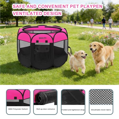 Image of Pet Playpen Portable Foldable Dog Playpens Exercise Kennel Dogs Cats Removable Mesh Shade Cover for Travel Indoor Outdoor Using Pink