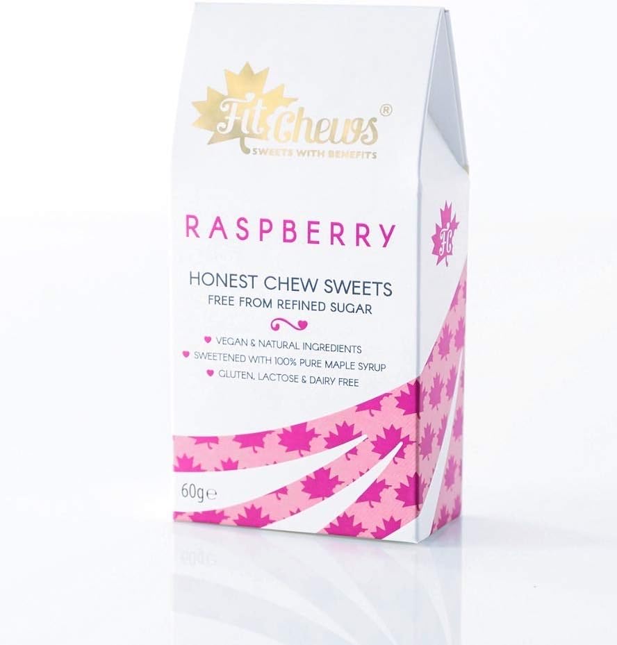 FIT CHEWS Vegan Sweets - Free from Refined Sugar - Gluten Free - Dairy Free - Natural Ingredients & Flavours - 60g PER Box (Raspberry)