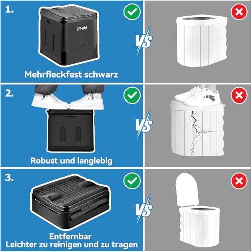 OTraki Campingtoilette Camping Toiletten, Mobile Toilette mit 12 Toilettenbeuteln Camping Klo Stabil Camping WC Kompakt Toilette Porta Potti für Outdoor, Festival, Stau, Zelten, Schwarz