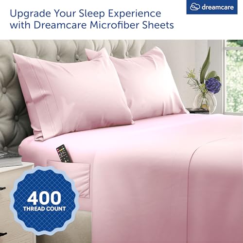 Image of DREAMCARE Queen Sheet Set - 4 pcs Breathable Cooling Sheets - up to 15 inch Deep Pocket Queen Sheets Set with Side Pockets - Extra Soft 100% Brushed Hypoallergenic Hotel Luxury Bedding - Pink