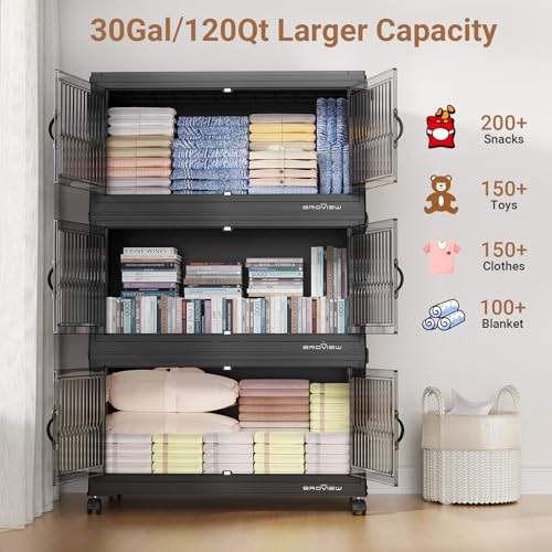 360Qt Stackable Storage Bins with 3 Lids, Extra Large Closet Organizer Collapsible Drawer Boxes with Wheels, Folding Plastic Cabinet Containers for Home Kitchen Room Organization, 3Pack Black