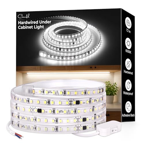 cambk 72inch Hardwired Under Cabinet Lighting for Kitchen 120V Wired Undercounter Led Strip Lights 6000K White Waterproof Luces para Cocina Bajo Gabinete Under Shelf Lights for Sink/Workbench