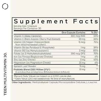 Codeage Teen Multivitamin - Vitamins A, C, D3, B6, B12, Folate, Zinc, Magnesium, Iron, Probiotics, Fermented Spinach - Multivitamins for Teenage Boys and Girls - Non-GMO, Gluten-Free - 30 Capsules