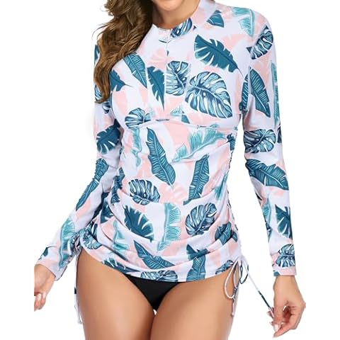 Daci Women Pink Leaves Rash Guard Swim Shirt Cover