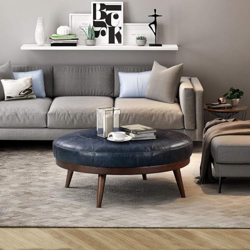 Image of POLY & BARK Gio Ottoman - 30 inch Round with Feather-Down Topper - Full-Grain Leather Upholstery - Couch Ottoman for Living Room - Vintage Italian Leather in Midnight Blue