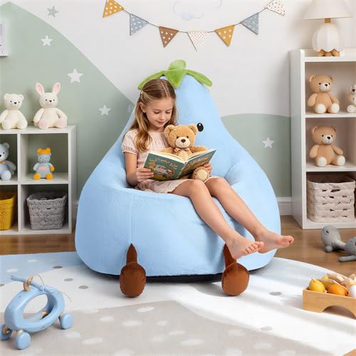 Image of 24 Inches Memory Foam Bean Bag Chair - Ultra Soft Faux Rabbit Fur Round Sofa with Handle & Machine Washable Cover, Comfy Chair for Kids Teens, Perfect for Reading Gaming in Living Room Bedroom, Blue