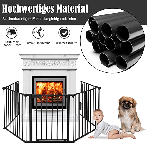 Aufun Kaminschutzgitter Metall mit Tür, 5 Elemente, Absperrgitter Ofenschutzgitter faltbar, Konfigurationsgitter für Kinder-Sicherung, 300x75 x60cm (Schwarz)