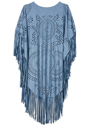 Persun Women Blue Summer Style Floral Geometry Cut Out Asymmetric Fringe Tasseled Kimono,One Size #TOP2