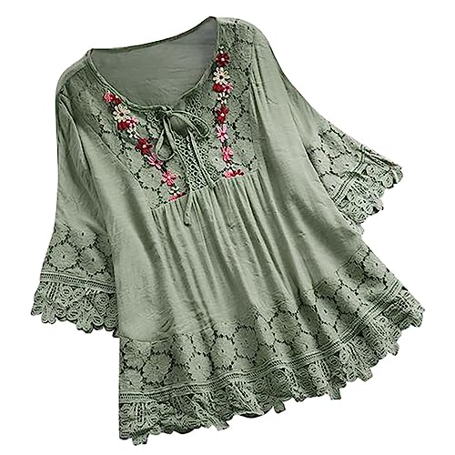 WINDEHAO Blusa de lino y algodón para mujer, tallas grandes, tallas S-5XL, elegantes camisas de encaje con flores bordadas, blusas con cordones huecos (verde, 3XL)