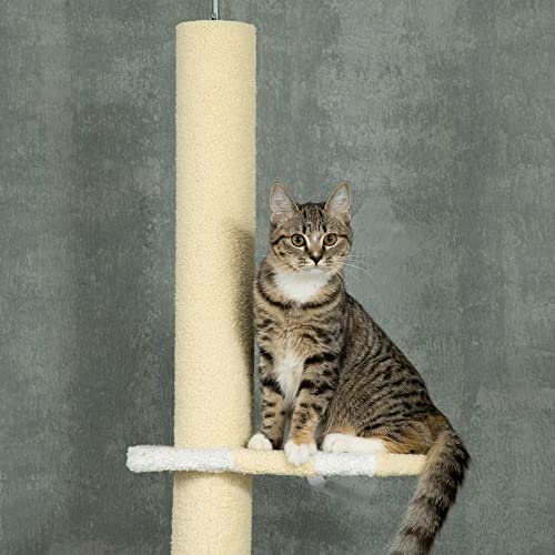 PawHut 260cm Floor to Ceiling Cat Tree, Height Adjustable Kitten Tower with Anti-slip Kit, Multi-Layer Activity Centre w/Fish-shaped Perches Scratching Post Ball Toy - Yellow - Image 8