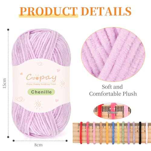 Image of Coopay Skinny Chenille Yarn for Crocheting and Knitting, 12 Pack of 50g /1.76oz-1764yd Total, Soft Velvet Yarn of Baby Weights - Suitable for Baby Blankets, Plush Toys - Super Soft (Purple Gradient)