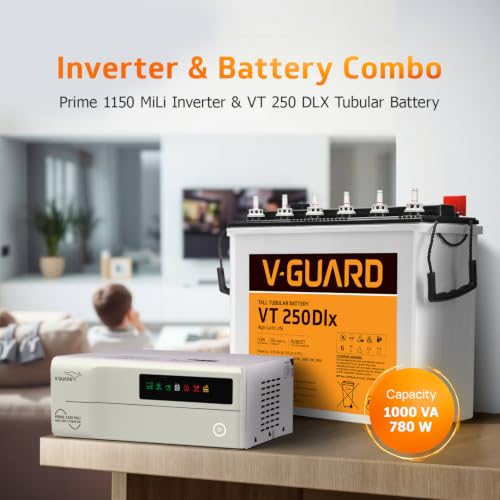Image of V-Guard Inverter & Battery Combo (Prime 1150 Mili Pure Sine Wave 1000VA /12V Inverter, VT 250 DLX 230Ah Tall Tubular Battery) for Home, Office & Shops
