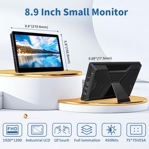 Image of Portable Monitor Touchscreen,8.9 Inch Small Monitor for Computer| 1920 * 1200 |16:10|450Nits|Optical Bonding| HDMI /USB-C Port|Mini Display for Raspberry Pi Laptop Mini PC Mac