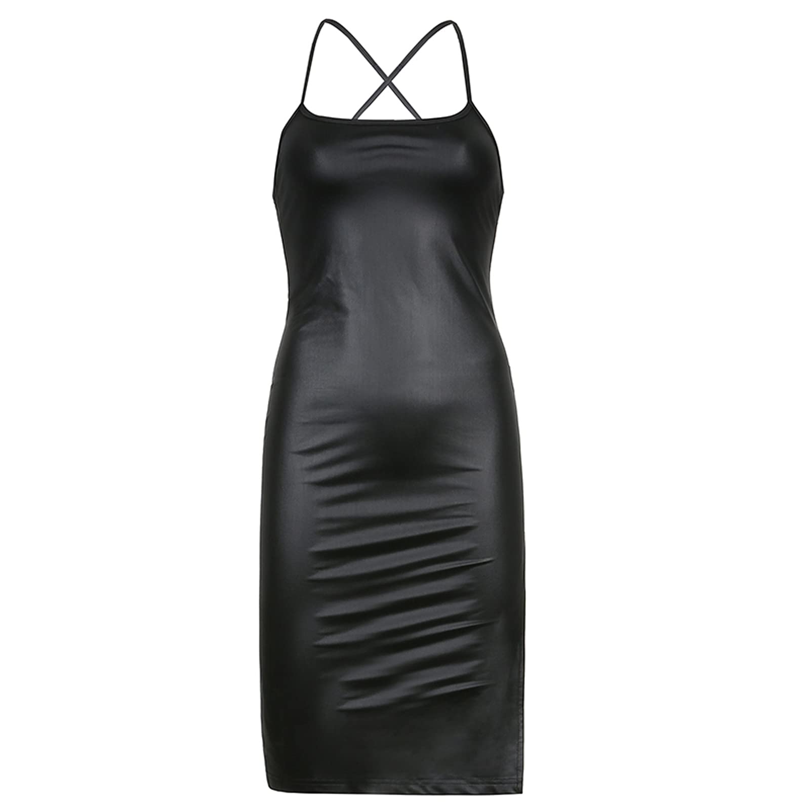 Women Faux Leather Dress Sleeveless Backless Bandage Bodycon Split Midi Dresses Party Cocktail: Large Black