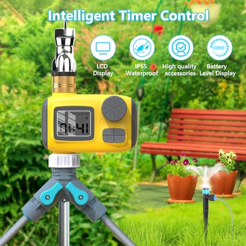 TRJZWA Sistema di Irrigazione Automatica con Timer per Giardini e Cortili, con Distributore a Y per l'irrigazione di Diverse Aree; Kit di Irrigazione Agricola con 3 Diversi Tipi di Ugelli per Serre