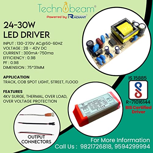 Image of TECHNOBEAM 30W driver,BIS certified Isolated driver 36V- 750 mA with Red & Black wire at Output for COB light, Zoom Light, Track Light, 1 x 1 Panel (Pack of 10)