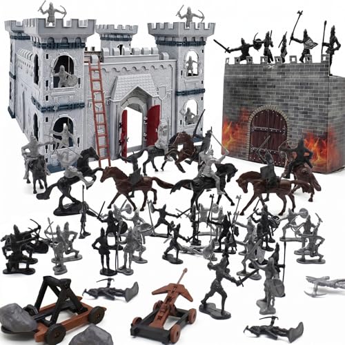 Yoyoom Medieval Castle Knight Toy Soldier Army Men Figurines DIY Assembly Kit with Detachable Castle 8 Knights 8 Horses 36 Soldiers Simulated Siege War of Attack