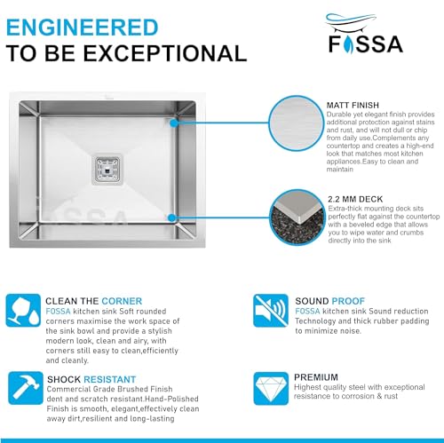 Image of Fossa 21 inchx18 inchx09 inch ๐-๐๐๐๐ ๐๐๐๐๐๐๐๐ Premium Stainless Steel Single Bowl Kitchen Sink | Scratch Resistant, Anti-Stain | Silver (Matte Finish).