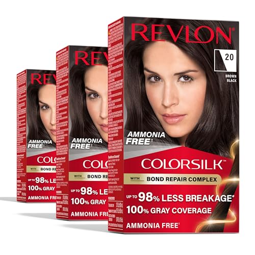 Revlon ColorSilk with Bond Repair Complex, Black Permanent Hair Color, 100% Gray Coverage, Ammonia Free Hair Dye, Vegan Keratin, 20 Brown Black (Pack of 3)