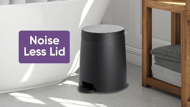 Image of Superio Mini Bathroom Trash Can with Lid 3 Liter, Plastic Waste Bin 0.75 Gallon, Modern Flat Lid Step On Trash Can with Foot Pedal, for Bathroom, Bedroom, Office, Under Desk, Soft Close (Black)