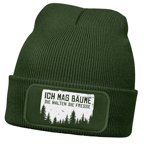 MoonWorks® Herren Beanie mit Patch Strickmütze mit Spruch Ich mag Bäume Aufdruck Schwarzer Humor Lustig Mütze Männer Oliv Unisize