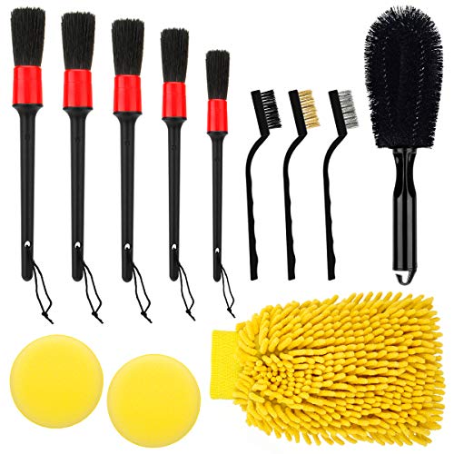 FANCYTIMES Juego de 12 cepillos para Detalles de automóviles, Kit de Limpieza Exterior para automóviles, Incluye Cepillo para neumáticos, Guante de felpilla de Microfibra Cover