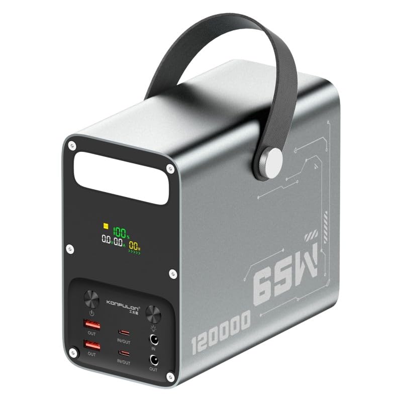 KONFULON Powerbank 120000mAh (mit LiFePO4 Akku) - 65W Schnellladefunktion 5 Ausgänge (USBC & USBA & DC -12V 3A) LEDDisplay - Für Smartphone Tablet Laptop Camping Outdoor & Notfälle