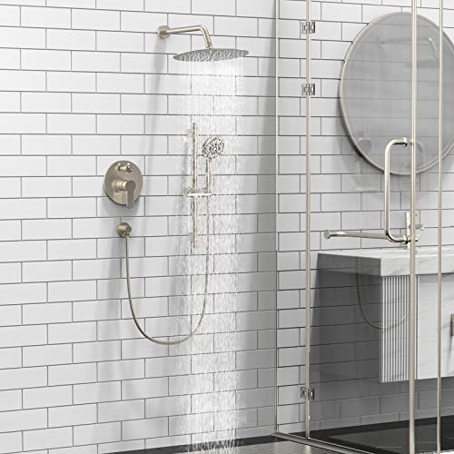 Sr Sun Rise 12 Inch Rain Shower System, High Pressure Shower Heads And Handheld 6-Spray Combo Set Slide Bar Shower Faucets Sets Complete Included Valve And Trim Kit For Bathroom, Brushed Nickel #TOP1